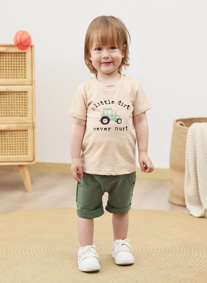 Yvowming Toddler Baby Boy Clothes Kids Summer Truck Print T Shirt Short Set with Pockets 0-4T (Apricot and Green, 2-3T) - Image 2