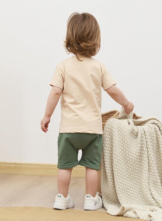 Yvowming Toddler Baby Boy Clothes Kids Summer Truck Print T Shirt Short Set with Pockets 0-4T (Apricot and Green, 2-3T) - Image 3