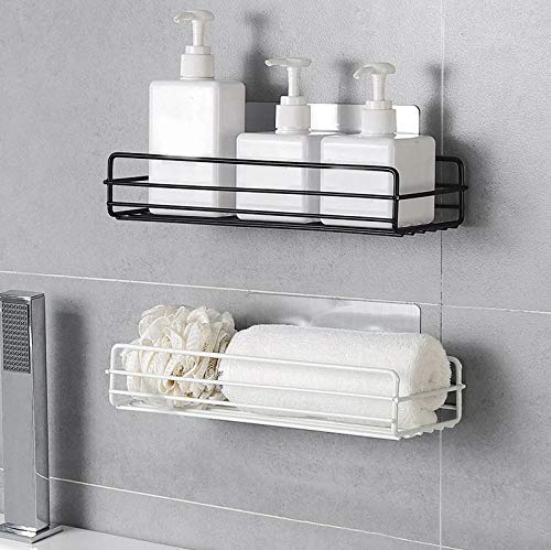 BluBasket Multipurpose Metal Powder Coated Kitchen Bathroom Shelf Wall Holder Storage Rack Bathroom Rack Storage Box Strong Magic Sticker Shower Rack Shelf Black - Image 1
