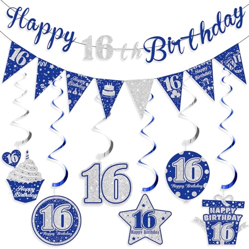 Innovoscape Blue Silver 16th Birthday Banner Happy Birthday Decorations for Men Women Triangle Flag Banner for Party Supplies - Image 1