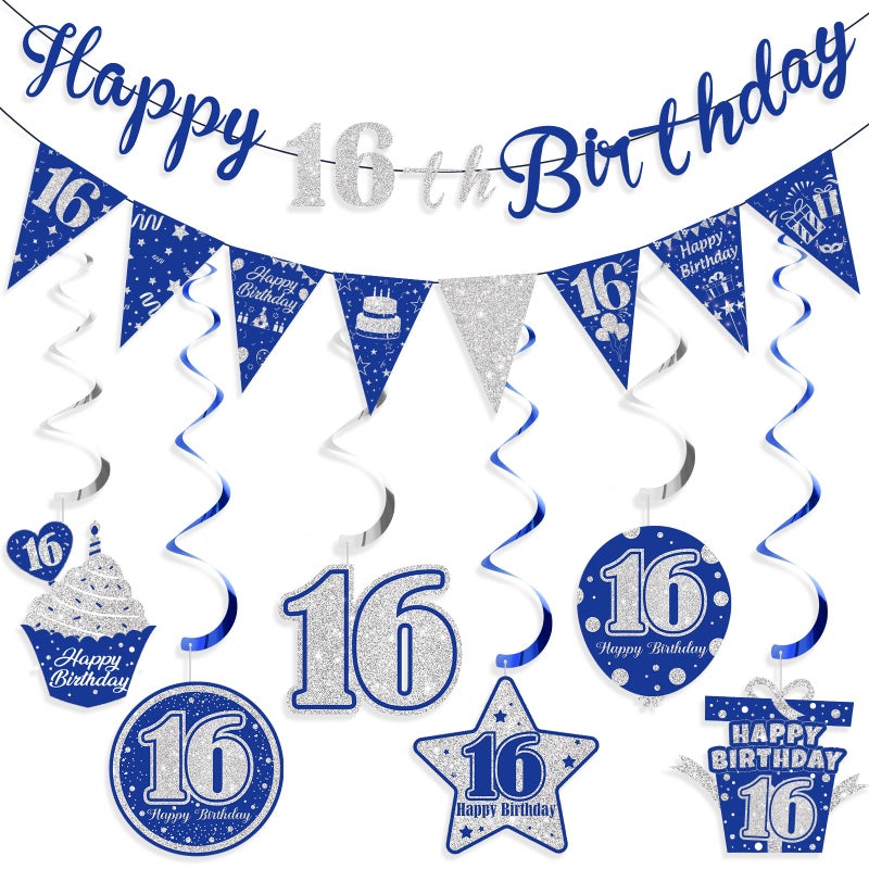 Innovoscape Blue Silver 16th Birthday Banner Happy Birthday Decorations for Men Women Triangle Flag Banner for Party Supplies - Image 2