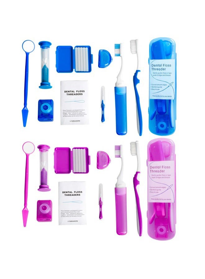 Wenge Portable Orthodontic Oral Care Kit - 2Pack - Travel Kit for Patients, Interdental Brushing Wax Floss Toothbrush Cleaning(Purple & Blue) - Image 1