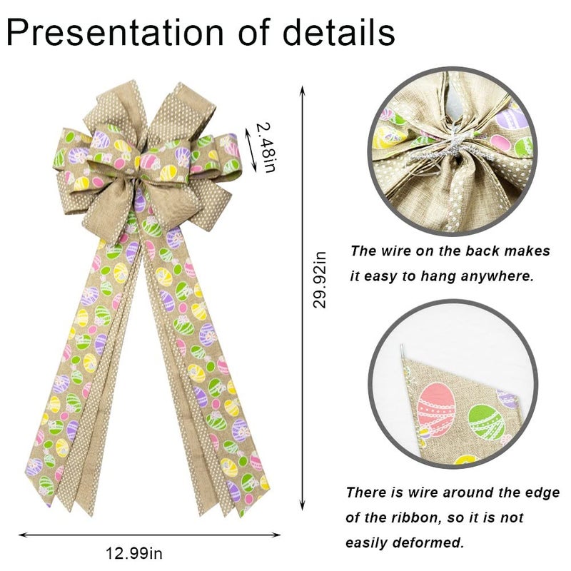 Hying Large Easter Wreath Bows for Front Door, Flaxen Burlap Ribbon Bow Easter Bunny Bows Holiday Spring Bow Tree Topper Bows for Easter Party Decorations Supplies - Image 2