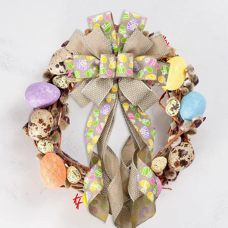 Hying Large Easter Wreath Bows for Front Door, Flaxen Burlap Ribbon Bow Easter Bunny Bows Holiday Spring Bow Tree Topper Bows for Easter Party Decorations Supplies - Image 3