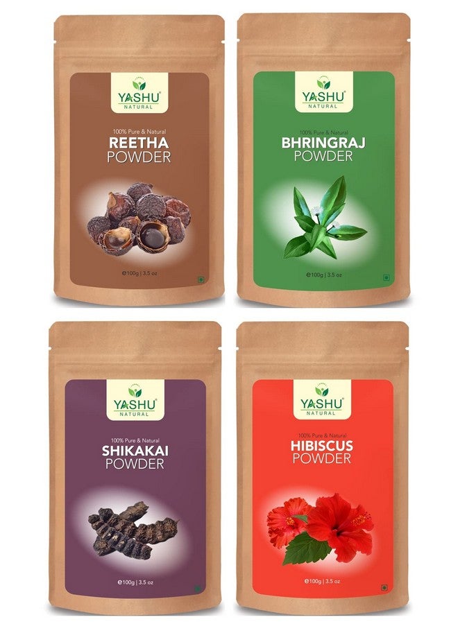 ياشو مسحوق الكركديه النقي وشيكاكاي ريثا وبرينجراج لنمو الشعر | قناع طبيعي للتحكم في تساقط الشعر عبوة من 4 قطع (400 جرام) - Image 1