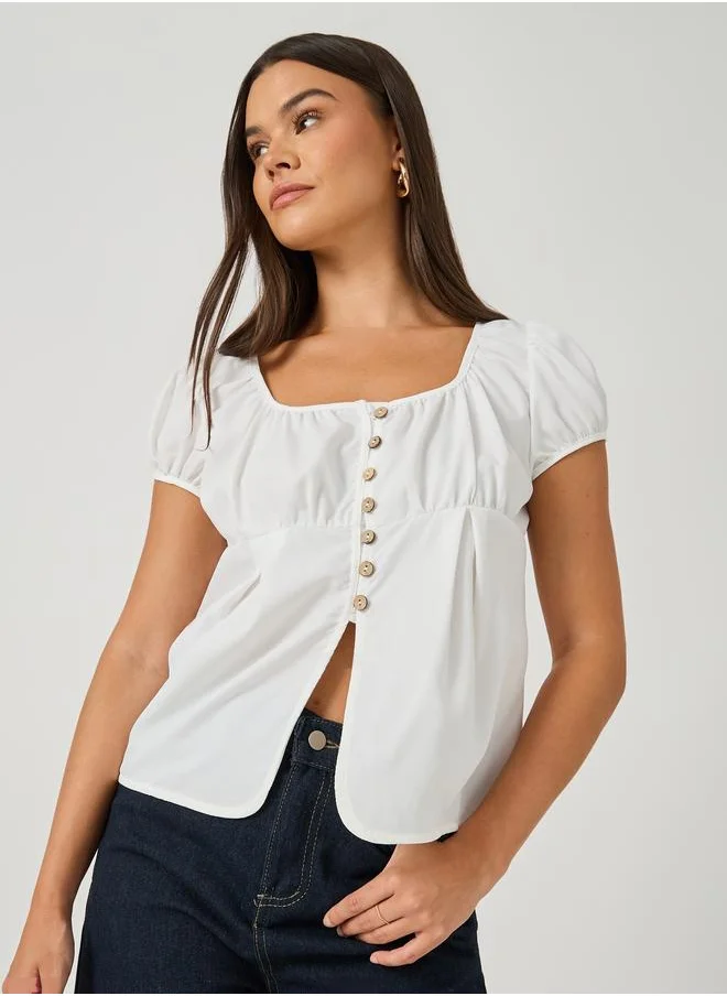 ستايلي Styli Plain Puff Sleeves Buttoned Top with Gathered Detail