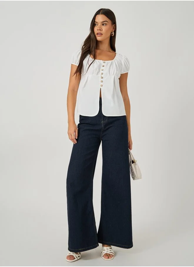 ستايلي Styli Plain Puff Sleeves Buttoned Top with Gathered Detail