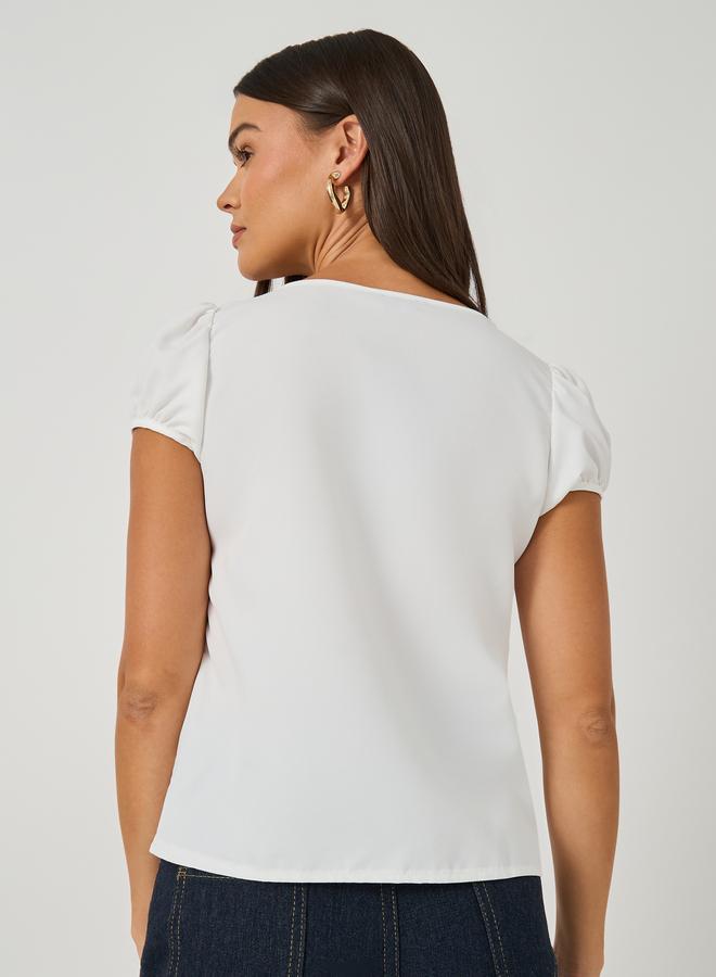Styli Plain Puff Sleeves Buttoned Top with Gathered Detail - Image 4