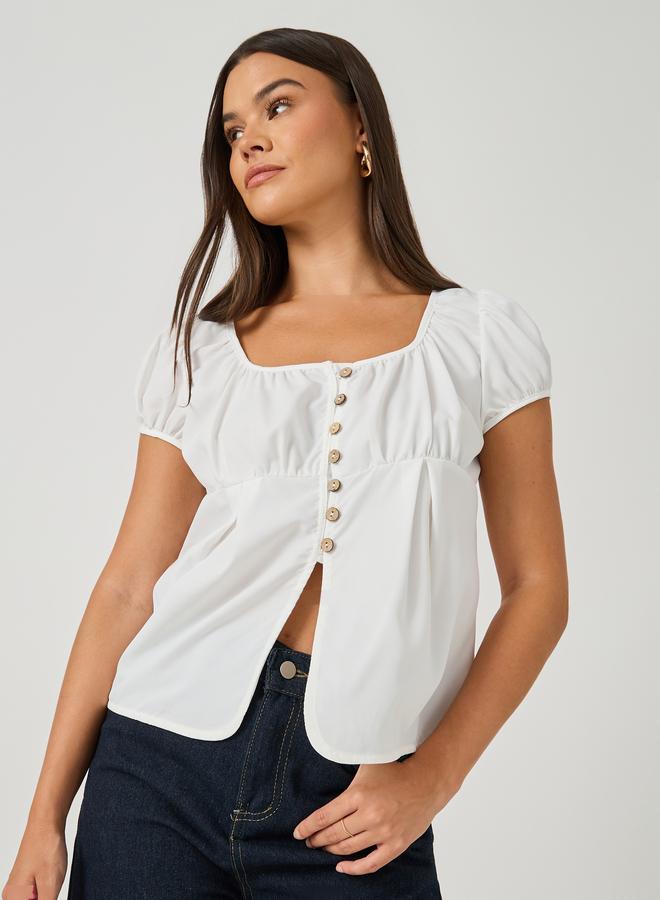 Styli Plain Puff Sleeves Buttoned Top with Gathered Detail - Image 1