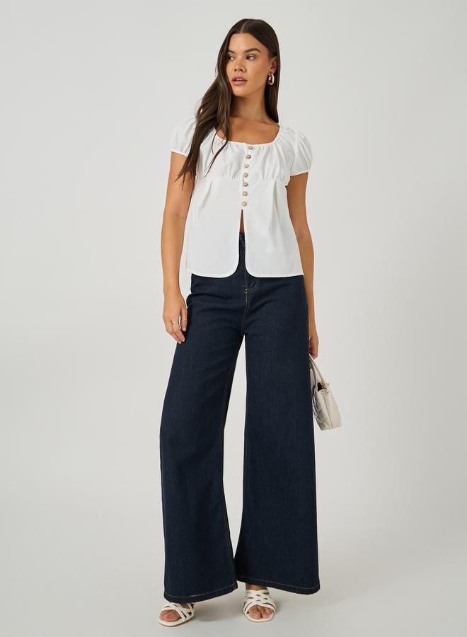 Styli Plain Puff Sleeves Buttoned Top with Gathered Detail - Image 2