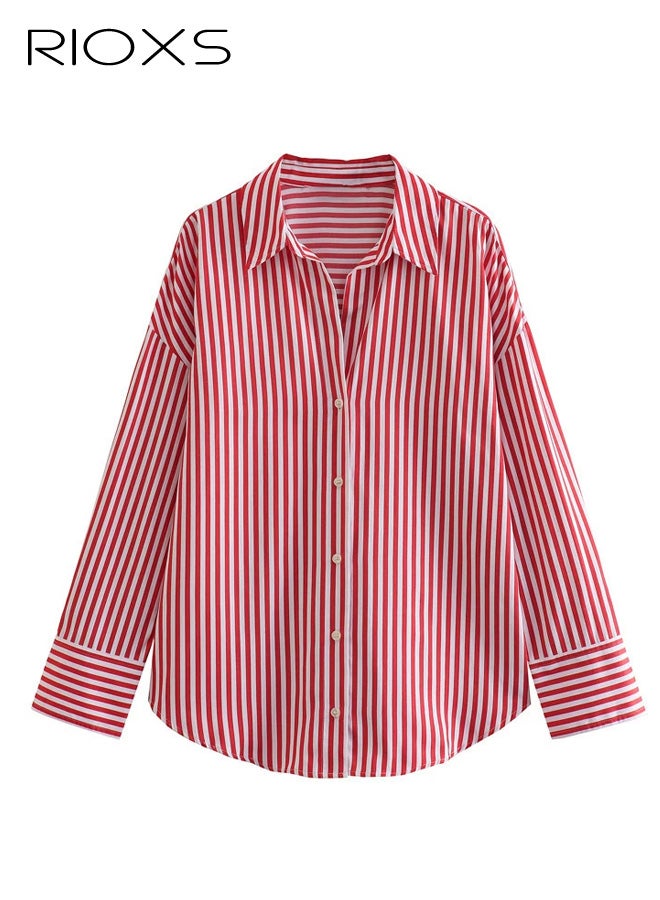 RIOXS Women's Red and White Striped Button Down Shirt​​, Classic Collar Long Sleeve Regular Fit Casual Top for Office and Weekend - Image 1