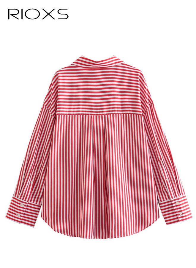 RIOXS Women's Red and White Striped Button Down Shirt​​, Classic Collar Long Sleeve Regular Fit Casual Top for Office and Weekend - Image 2