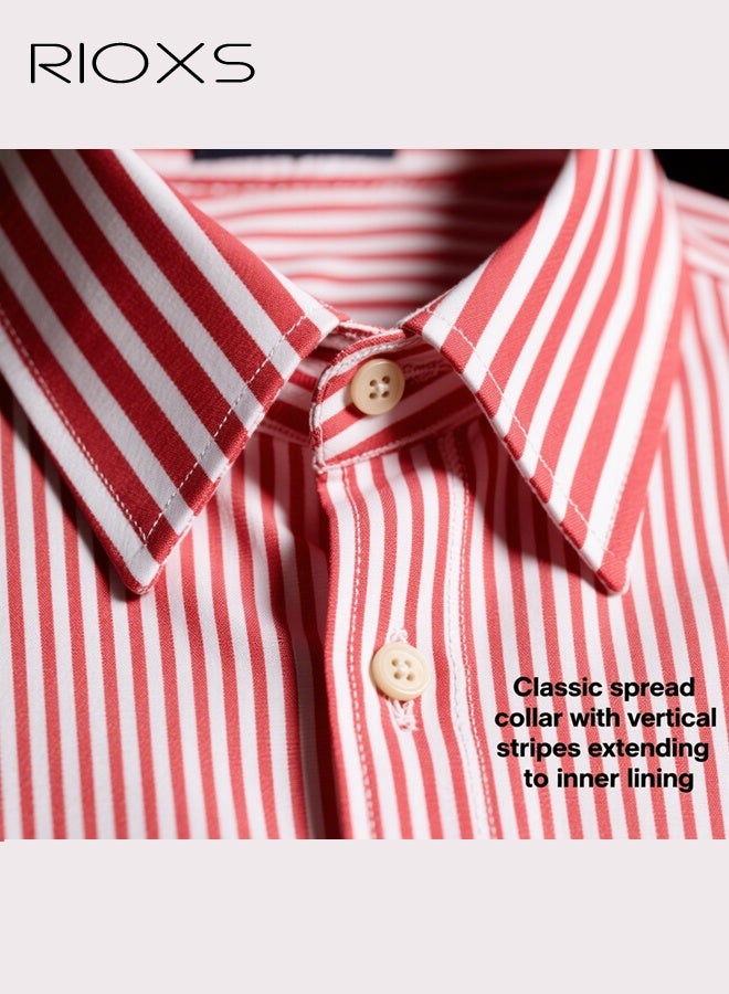 RIOXS Women's Red and White Striped Button Down Shirt​​, Classic Collar Long Sleeve Regular Fit Casual Top for Office and Weekend - Image 5
