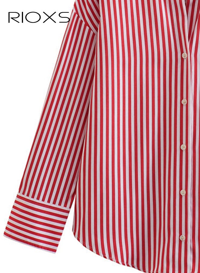 RIOXS Women's Red and White Striped Button Down Shirt​​, Classic Collar Long Sleeve Regular Fit Casual Top for Office and Weekend - Image 4