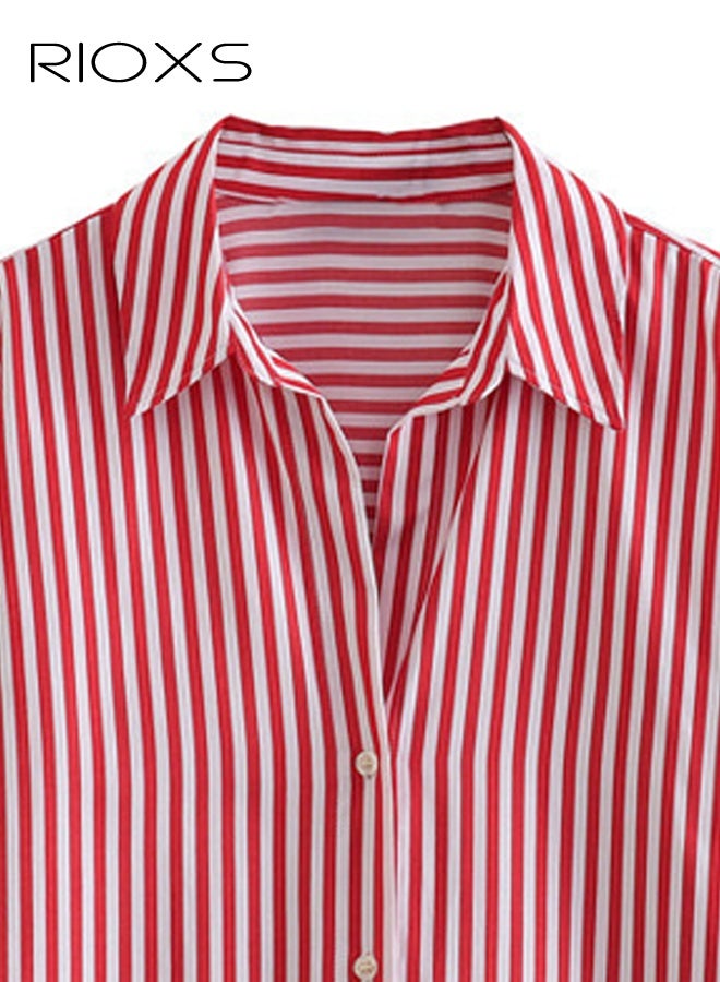 RIOXS Women's Red and White Striped Button Down Shirt​​, Classic Collar Long Sleeve Regular Fit Casual Top for Office and Weekend - Image 3