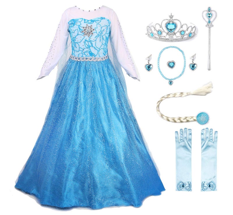 JerrisApparel Princess Dress Queen Costume Cosplay Dress Up with Accessories (5-6, Blue with Accessories) - Image 1