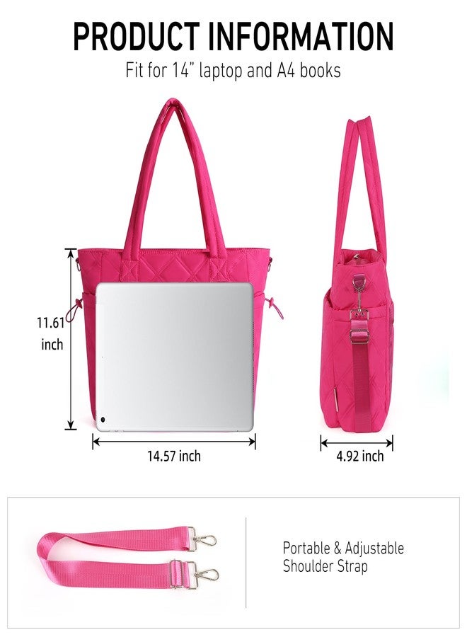 Rueesh Lightweight Puffer Tote Bag with Zipper for Women, Quilted Shoulder Bag with Compartments for Travel, Work, Shopping, Rose Red - Image 3