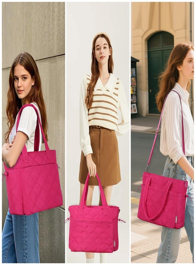 Rueesh Lightweight Puffer Tote Bag with Zipper for Women, Quilted Shoulder Bag with Compartments for Travel, Work, Shopping, Rose Red - Image 2