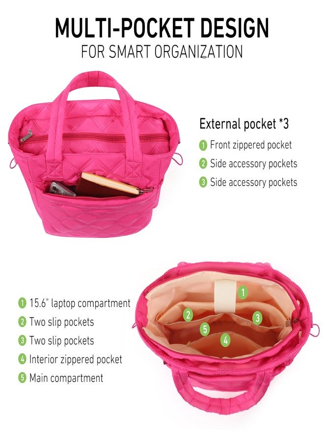 Rueesh Lightweight Puffer Tote Bag with Zipper for Women, Quilted Shoulder Bag with Compartments for Travel, Work, Shopping, Rose Red - Image 4