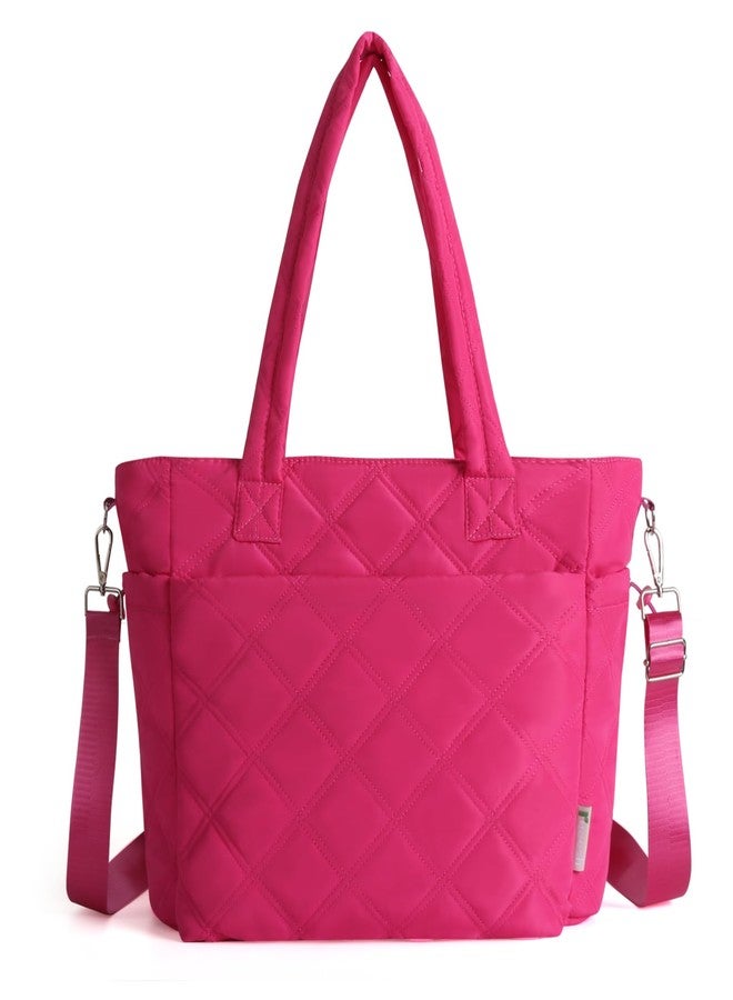 Rueesh Lightweight Puffer Tote Bag with Zipper for Women, Quilted Shoulder Bag with Compartments for Travel, Work, Shopping, Rose Red - Image 1