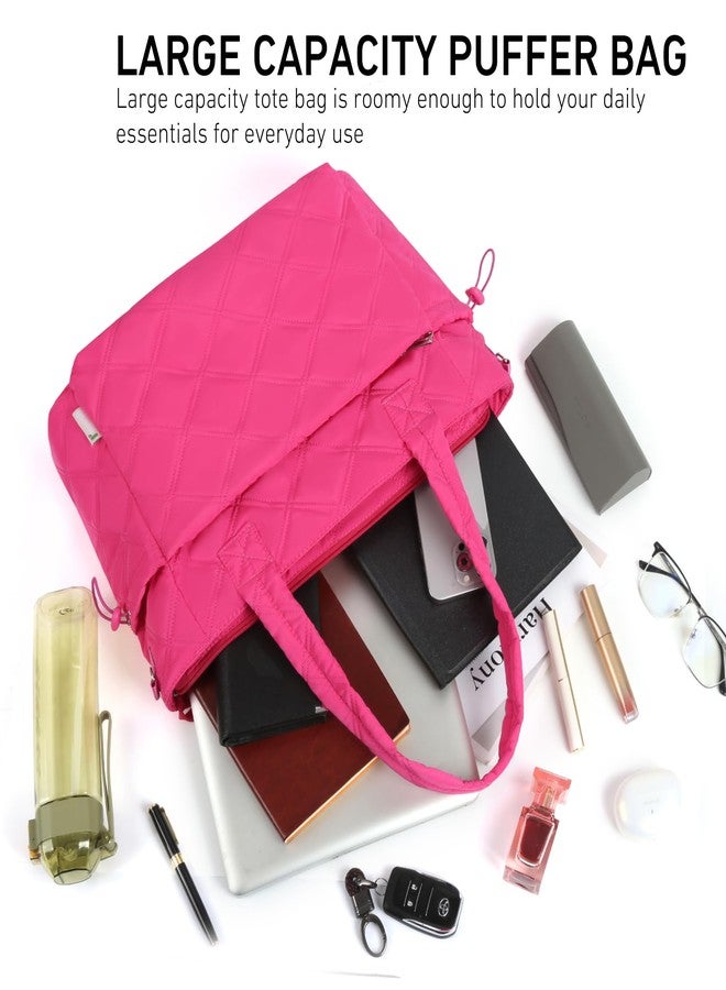 Rueesh Lightweight Puffer Tote Bag with Zipper for Women, Quilted Shoulder Bag with Compartments for Travel, Work, Shopping, Rose Red - Image 5