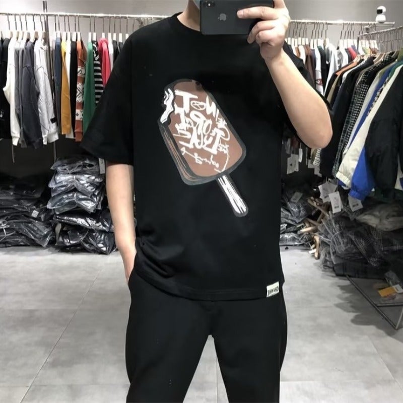 Summer American Style Ice Cream Japanese Style Harajuku Heavy Short-Sleeved T-Shirt Men'S Trendy Loose Couples Retro Half-Sleeved T-Shirt - Image 1