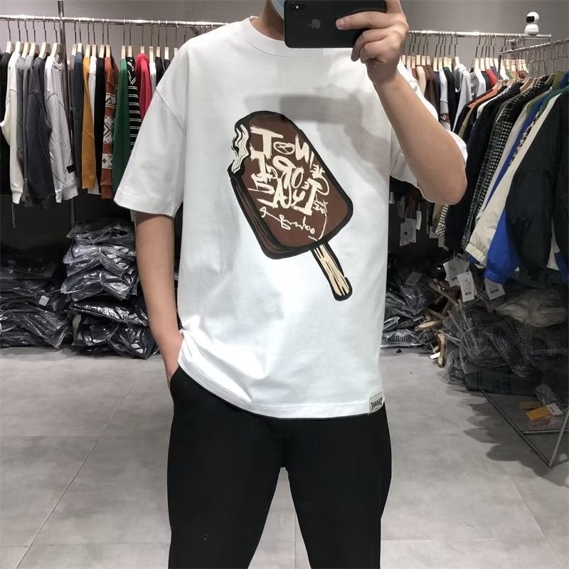 Summer American Style Ice Cream Japanese Style Harajuku Heavy Short-Sleeved T-Shirt Men'S Trendy Loose Couples Retro Half-Sleeved T-Shirt - Image 2