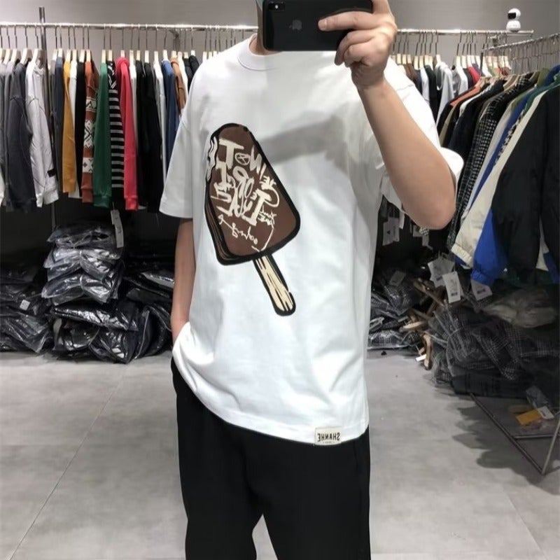 Summer American Style Ice Cream Japanese Style Harajuku Heavy Short-Sleeved T-Shirt Men'S Trendy Loose Couples Retro Half-Sleeved T-Shirt - Image 5