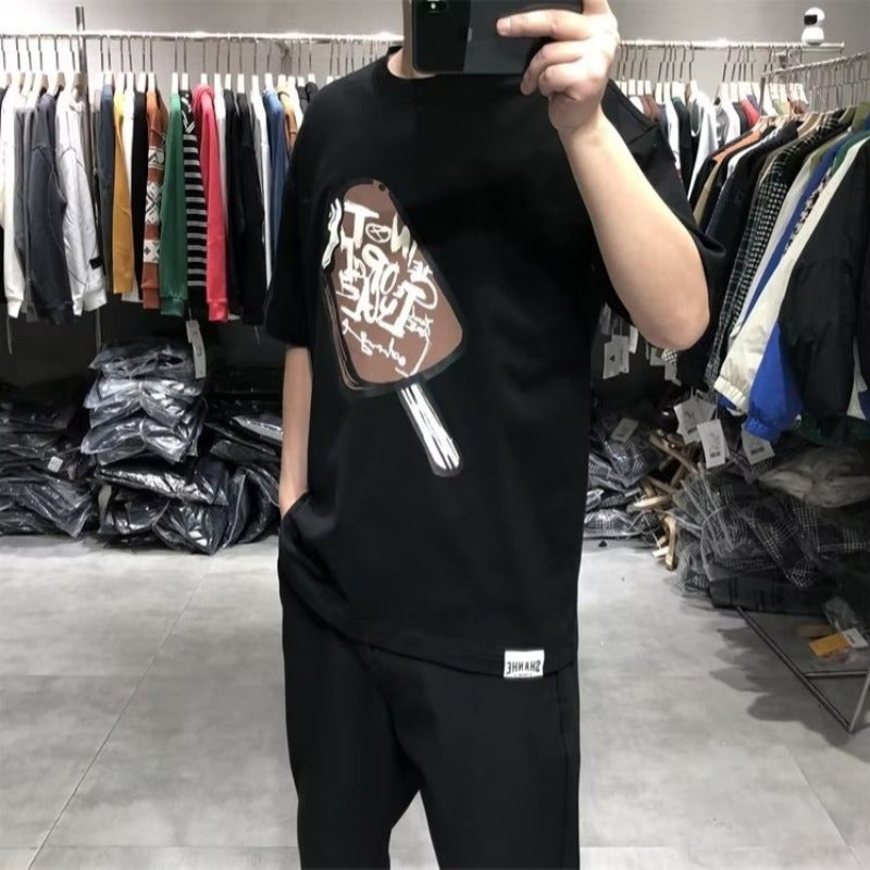 Summer American Style Ice Cream Japanese Style Harajuku Heavy Short-Sleeved T-Shirt Men'S Trendy Loose Couples Retro Half-Sleeved T-Shirt - Image 4