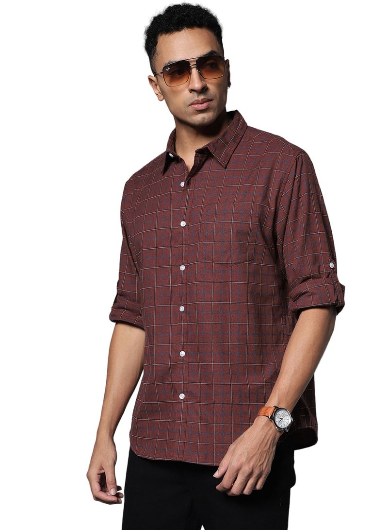 HIGH STAR Maroon Checked Cotton Casual Shirt for Men, Spread Collar, Long Sleeve  - Image 1