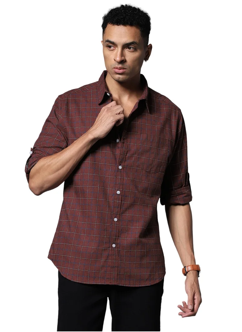 هاي ستار Maroon Checked Cotton Casual Shirt for Men, Spread Collar, Long Sleeve