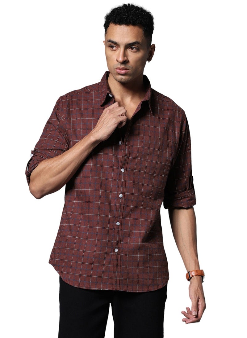 HIGH STAR Maroon Checked Cotton Casual Shirt for Men, Spread Collar, Long Sleeve  - Image 2