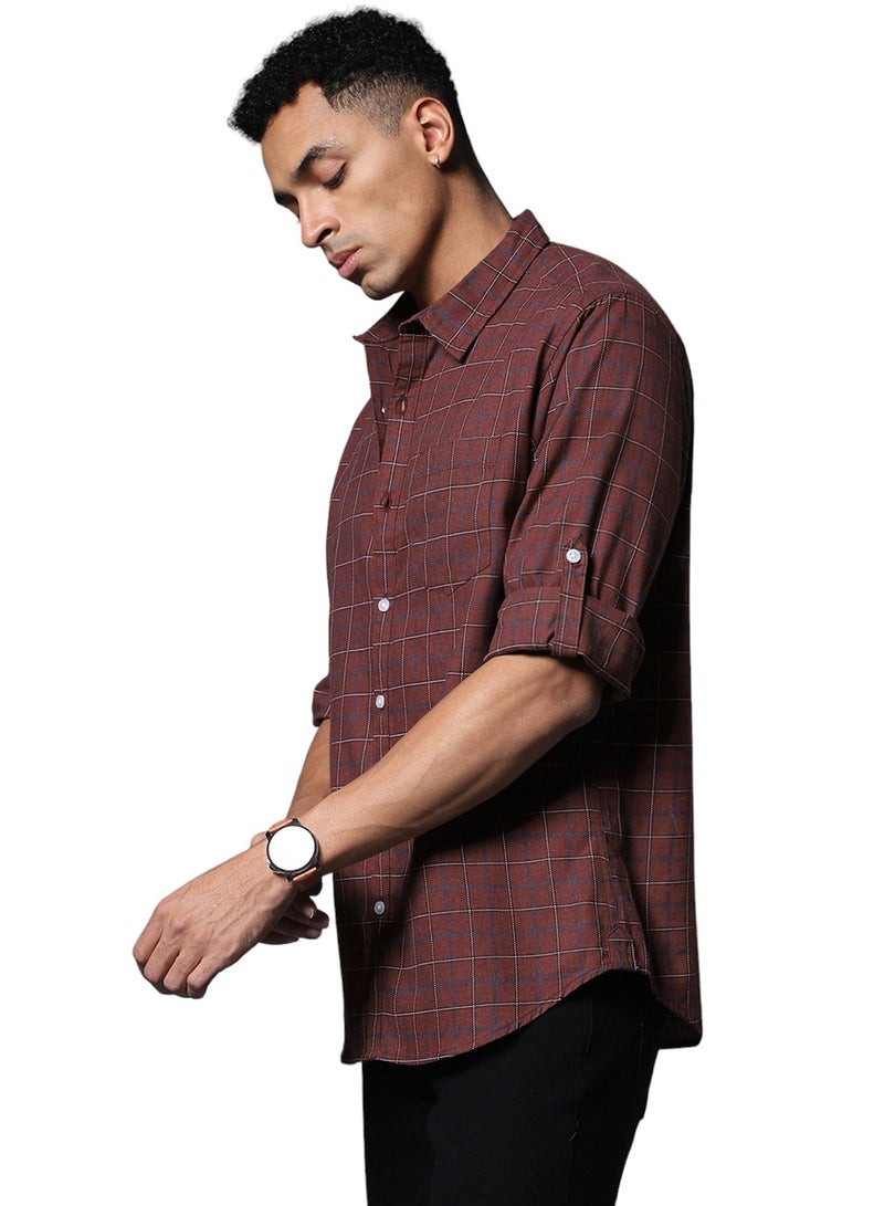 HIGH STAR Maroon Checked Cotton Casual Shirt for Men, Spread Collar, Long Sleeve  - Image 3