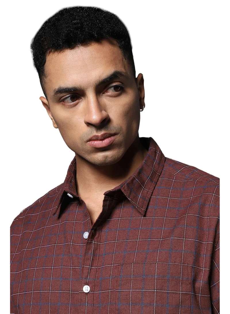 HIGH STAR Maroon Checked Cotton Casual Shirt for Men, Spread Collar, Long Sleeve
