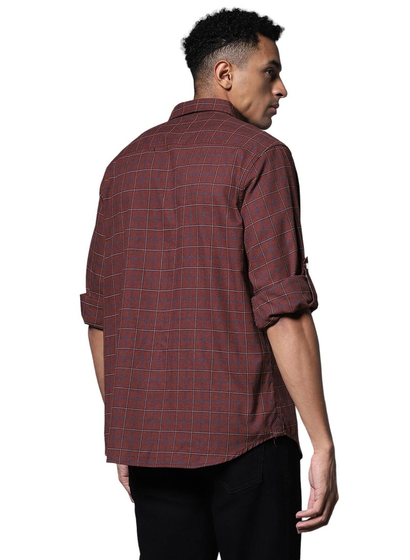 HIGH STAR Maroon Checked Cotton Casual Shirt for Men, Spread Collar, Long Sleeve  - Image 5