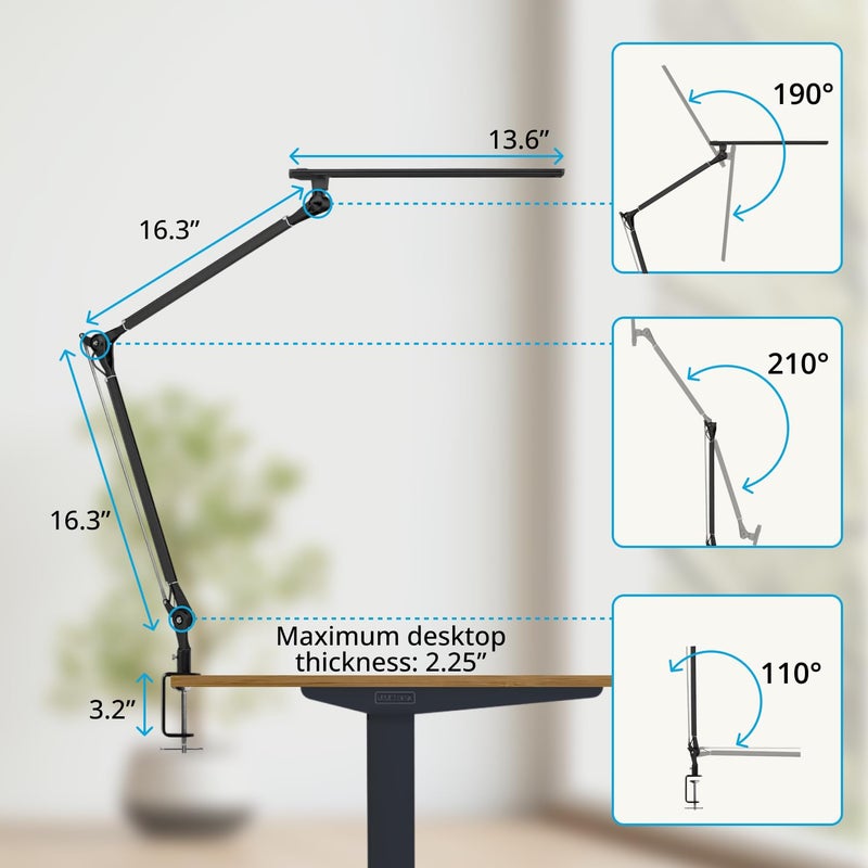 UPLIFTDESK E7 LED Desk Lamp with Clamp - Adjustable 3 Color Modes, Dimmable Black Architect Light for Standing Desk, Home Office, Dual Monitor Computer Work - Image 4
