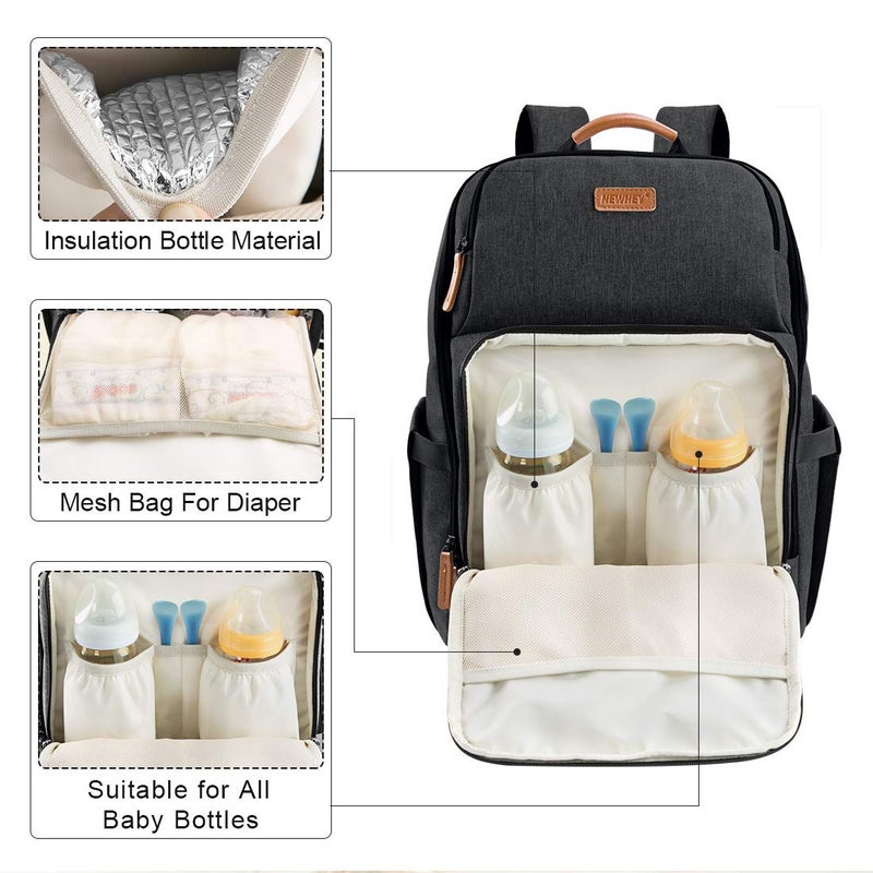 NEWHEY Baby Changing Backpacks Waterproof Large Capacity Multifunction Travel Bag Backpack with 2 Stroller Straps for Mom Dad Black - Image 2