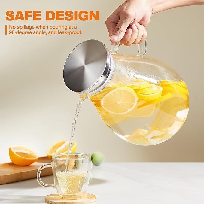 Femora Borosilicate Glass Jug 1.8L | BPA Free | Rust-Free Stainless Steel Lid | Heat & Thermal Shock Resistant | Ergonomic Handle | for Juice, Water, Cocktail, Beverage | Pack of 1 - Image 4