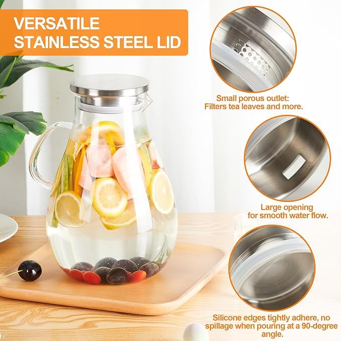 Femora Borosilicate Glass Jug 1.8L | BPA Free | Rust-Free Stainless Steel Lid | Heat & Thermal Shock Resistant | Ergonomic Handle | for Juice, Water, Cocktail, Beverage | Pack of 1 - Image 2