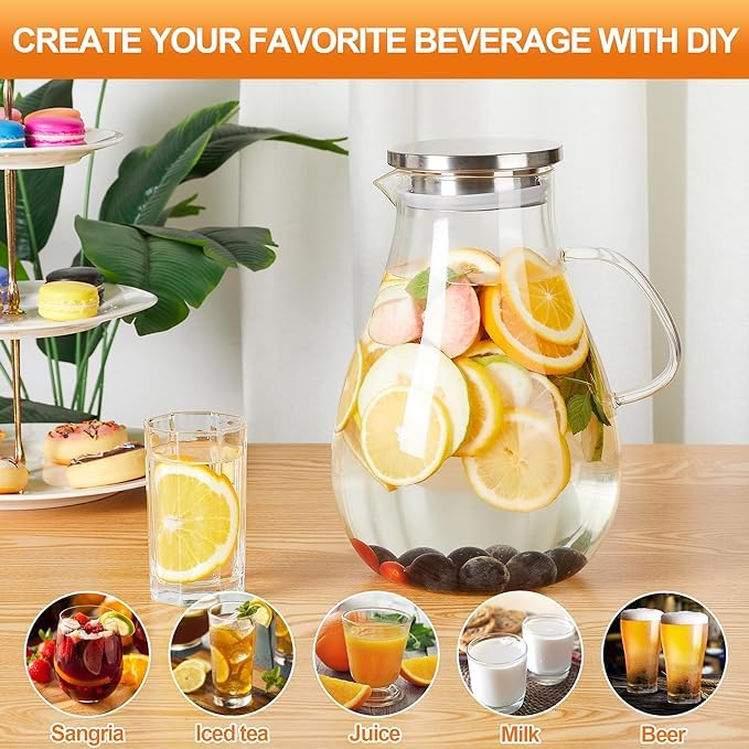 Femora Borosilicate Glass Jug 1.8L | BPA Free | Rust-Free Stainless Steel Lid | Heat & Thermal Shock Resistant | Ergonomic Handle | for Juice, Water, Cocktail, Beverage | Pack of 1 - Image 5