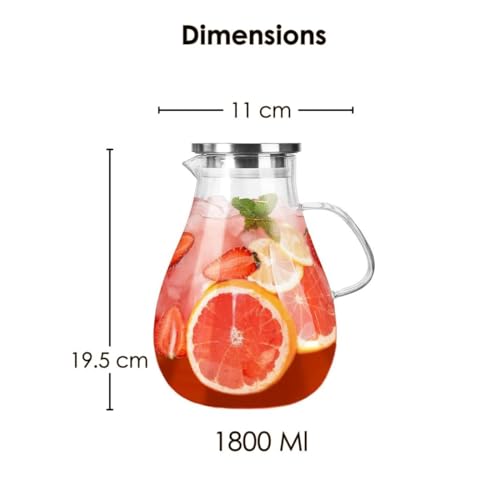 Femora Borosilicate Glass Jug 1.8L | BPA Free | Rust-Free Stainless Steel Lid | Heat & Thermal Shock Resistant | Ergonomic Handle | for Juice, Water, Cocktail, Beverage | Pack of 1 - Image 3