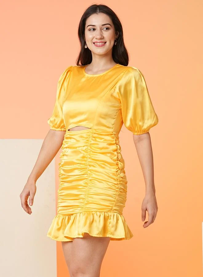 globus Globus Women Yellow Solid Satin Ruched Sheath Mini Dress with Cut Out