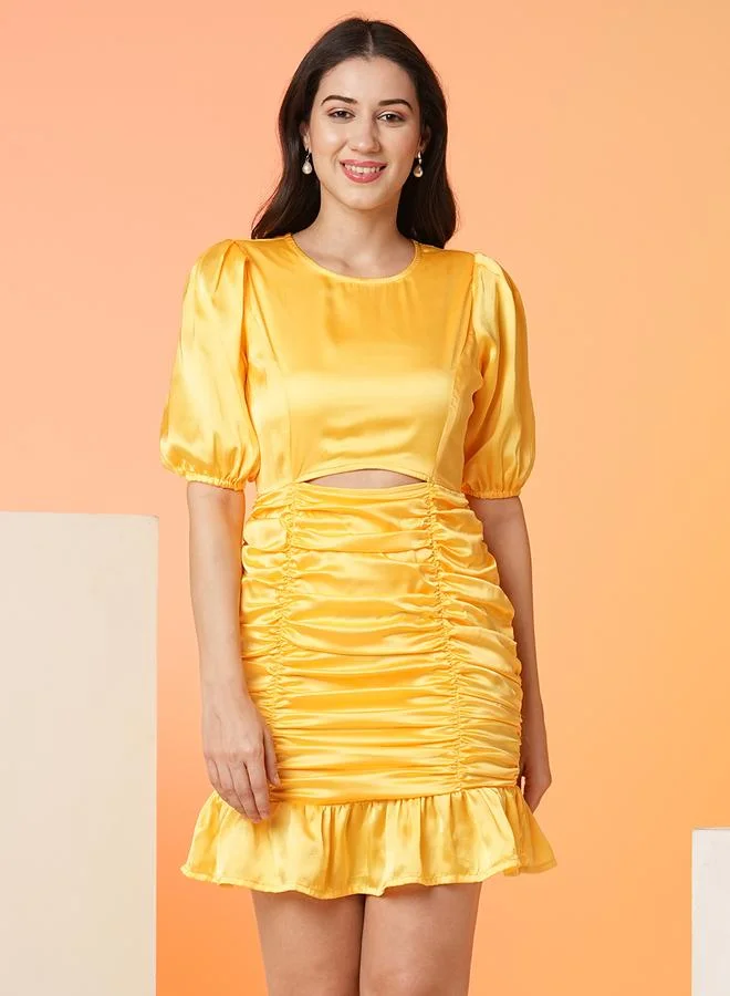 globus Globus Women Yellow Solid Satin Ruched Sheath Mini Dress with Cut Out