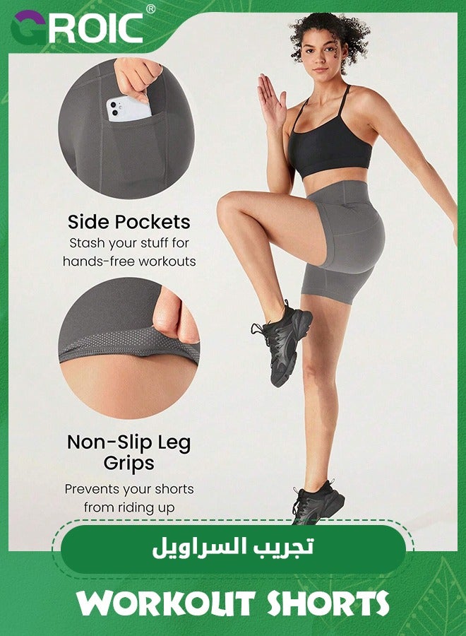 GROIC 2 Pack Workout Shorts for Women, Tummy Control Biker Shorts with Deep Pockets & High Waist for Yoga Gym Cycling Running, High Waist Yoga Shorts Fitness Athletic Workout Gym Shorts, M - Image 5