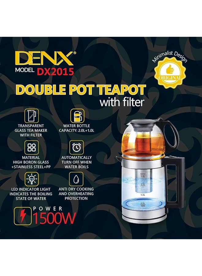Denx 1500W Double Pot Electric Kettle With Removable Tea Filter Capacity 1.8L Kettle And 1.0L Tea Pot High Speed Boiler Tea Maker Multifunctional Hot Water Dispenser Turbo Boiling Kettle Dx2015 - Image 1