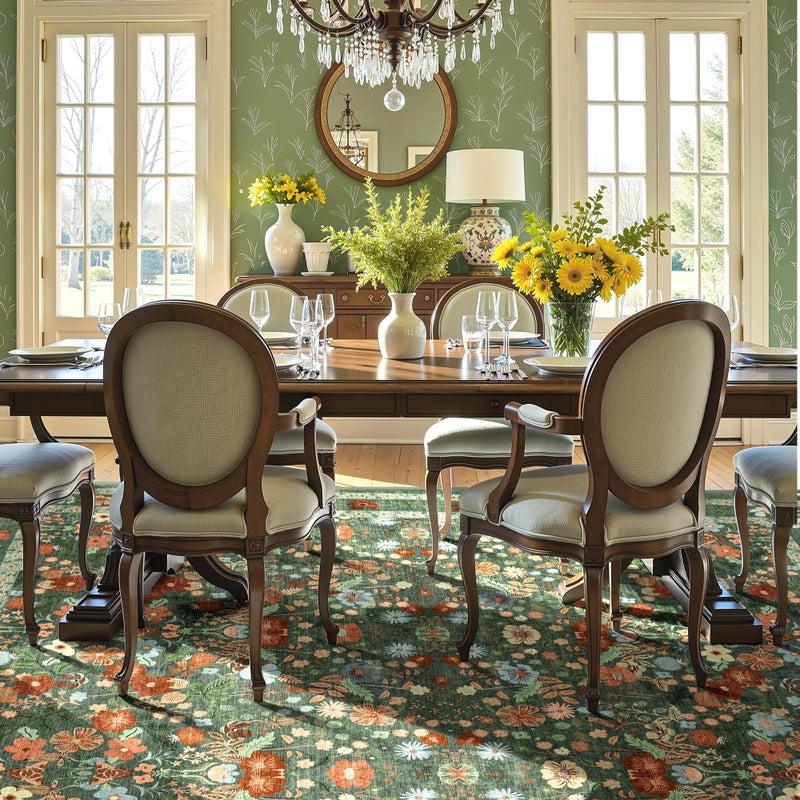 Deerly Green Washable Floral Rugs 8x10 Large Vintage Boho Non-Slip Living Room Carpet Soft Low Pile Thin Bedroom Floor Mat Indoor Home Decor for Dining Room Playroom Nursery Farmhouse, Green/Multi - Image 3