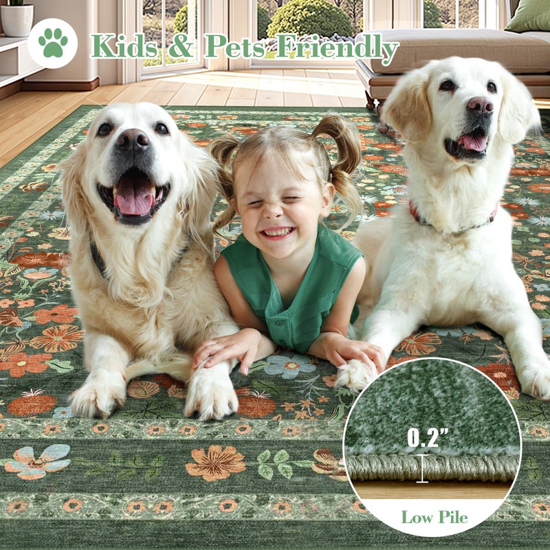 Deerly Green Washable Floral Rugs 8x10 Large Vintage Boho Non-Slip Living Room Carpet Soft Low Pile Thin Bedroom Floor Mat Indoor Home Decor for Dining Room Playroom Nursery Farmhouse, Green/Multi - Image 4