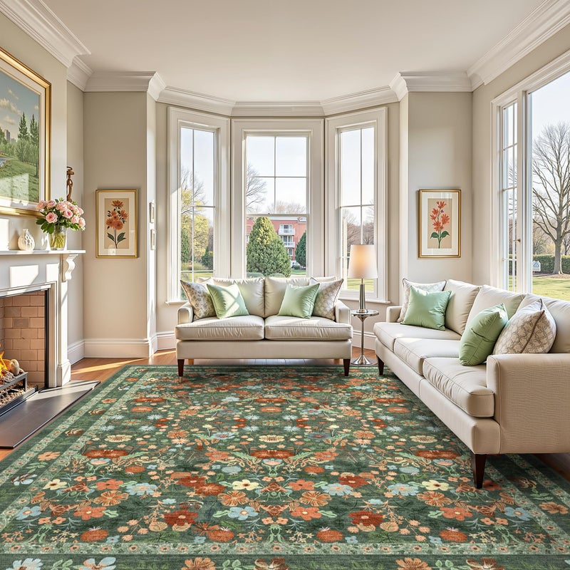 Deerly Green Washable Floral Rugs 8x10 Large Vintage Boho Non-Slip Living Room Carpet Soft Low Pile Thin Bedroom Floor Mat Indoor Home Decor for Dining Room Playroom Nursery Farmhouse, Green/Multi - Image 2