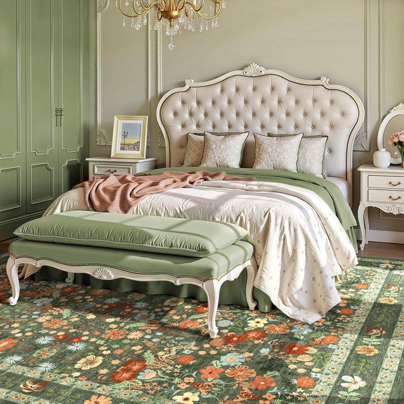 Deerly Green Washable Floral Rugs 8x10 Large Vintage Boho Non-Slip Living Room Carpet Soft Low Pile Thin Bedroom Floor Mat Indoor Home Decor for Dining Room Playroom Nursery Farmhouse, Green/Multi - Image 1