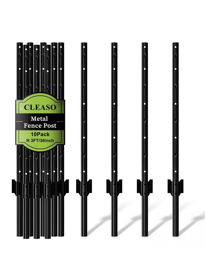 CLEASO 10 Pack Metal Fence Posts, 3ft Heavy Duty U-Post, Black Garden Stakes, No-Dig Post Anchors for Wire Fences, Temporary Fencing, Electric Fence, and Corner Support - Image 1